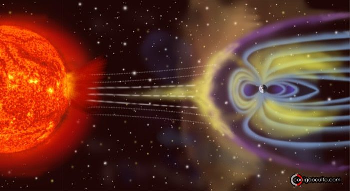 Representación artística de partículas solares interactuando con la magnetosfera terrestre