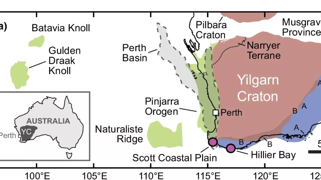 Mapa de la geología de Australia Occidental que muestra la ubicación de la llanura costera de Scott. Los minerales de esta llanura se remontan a 4.000 millones de años, lo que revela la presencia de una antigua corteza subyacente a la región