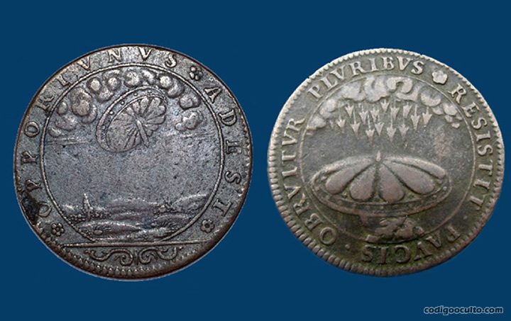 Monedas de Francia llamadas "Jetons". Estos representan las imágenes del escudo que a menudo se cree que son OVNIs