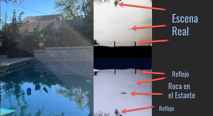 Imagen de Twitter (traducida por mí) donde se intenta demostrar que el OVNI, en realidad, es el reflejo de una roca en un estanque