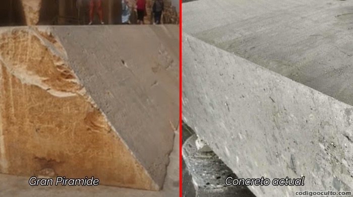 Comparativa entre una de las rocas de la gran pirámide y una muestra de concreto actual