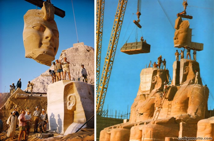 Imagen que muestra los cortes realizados a una de las estatuas de Abu Simbel. Mientras que muchos se preguntan como movieron estas grandes rocas. Yo postulo que simplemente, utilizaron su Concreto Egipcio, desarmaron el encofrado y continuaron con la siguiente