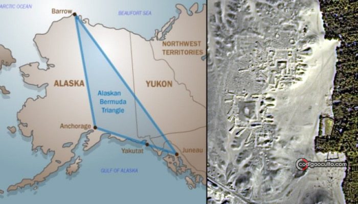 Mapa que muestra el Triángulo de Alaska y la posible ubicación de la Pirámide