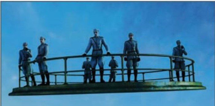Sobre la "plataforma voladora" había 12 hombres uniformados sujetados a la barra que circundaba al extraño objeto