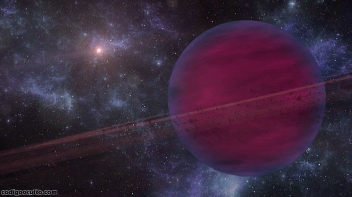 Representación artística del exoplaneta VHS 1256b con su estrellla enana roja al fondo