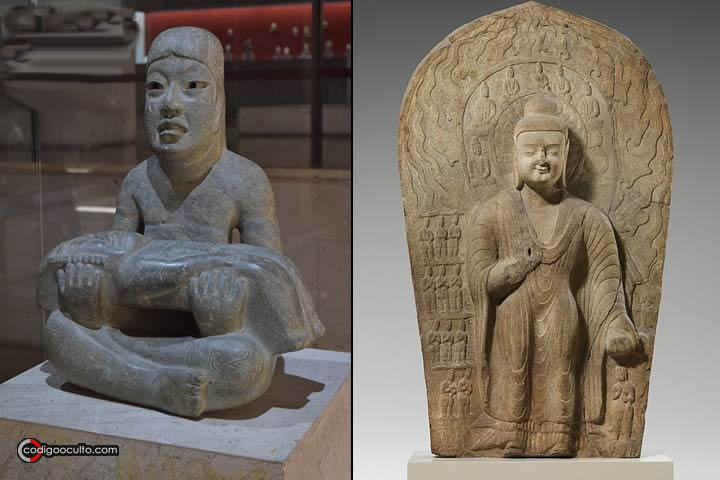 Izquierda: estatua olmeca. Derecha: estatua china de Buda Dipankara