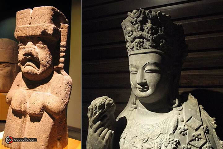 Izquierda: estatua olmeca del Dios de la Lluvia. Derecha: estatua china de Buda
