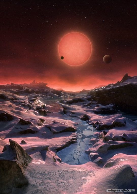 Representación artística de un exoplaneta húmedo que orbita una estrella enana roja