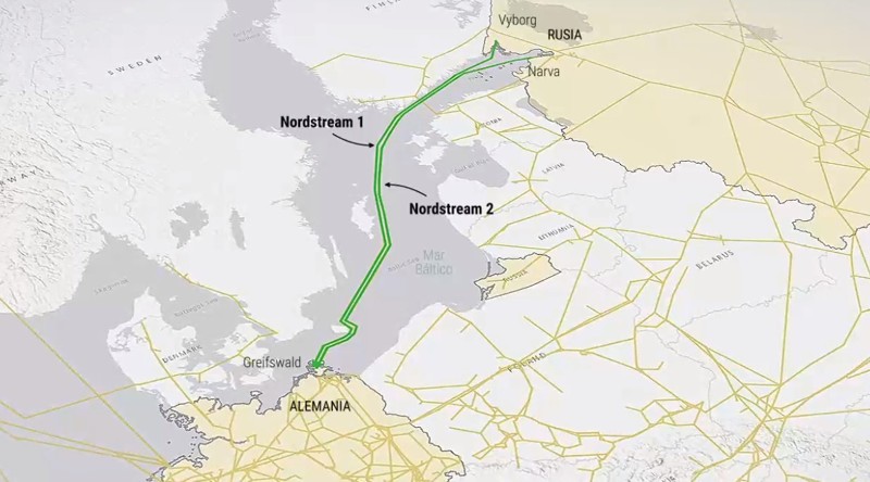 Mapa del recorrido de los gasoductos Nord Stream 1 y Nord Stream 2