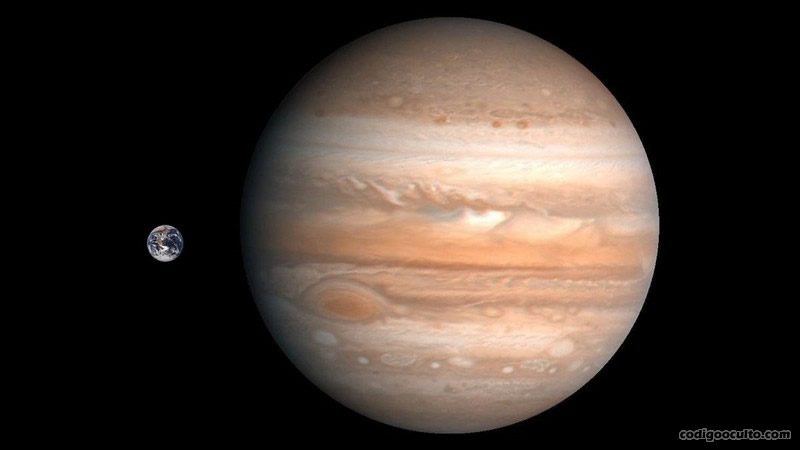 Una comparación de tamaño de la Tierra y Júpiter