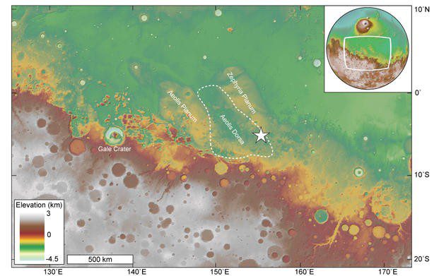Mapa general que muestra la ubicación del área de estudio dentro de Aeolis Dorsa (estrella)