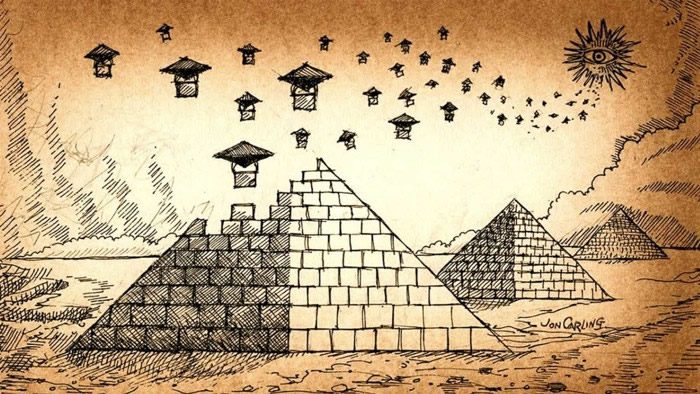 Representación artística de las pirámides construidas con posible tecnología avanzada desconocida