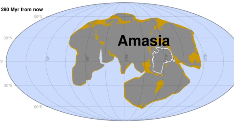 Un contorno probable de Amasia 280 millones de años en el futuro, incluidas algunas áreas actualmente bajo el agua, que quedarán expuestas por los niveles más bajos del mar