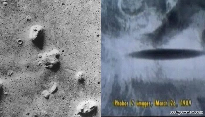 A la derecha, La Sombra captada durante el programa Fobos. A la izquierda, la "Cabeza" captada por la misión Viking. Ambas fotos tomadas de la superficie de Marte