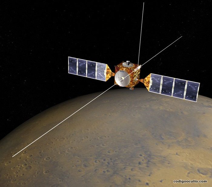 Ilustración de Mars Express con antena MARSIS desplegada