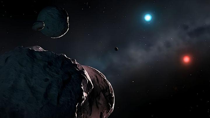 Representación artística de restos planetarios cayendo sobre las dos estrellas enanas blancas
