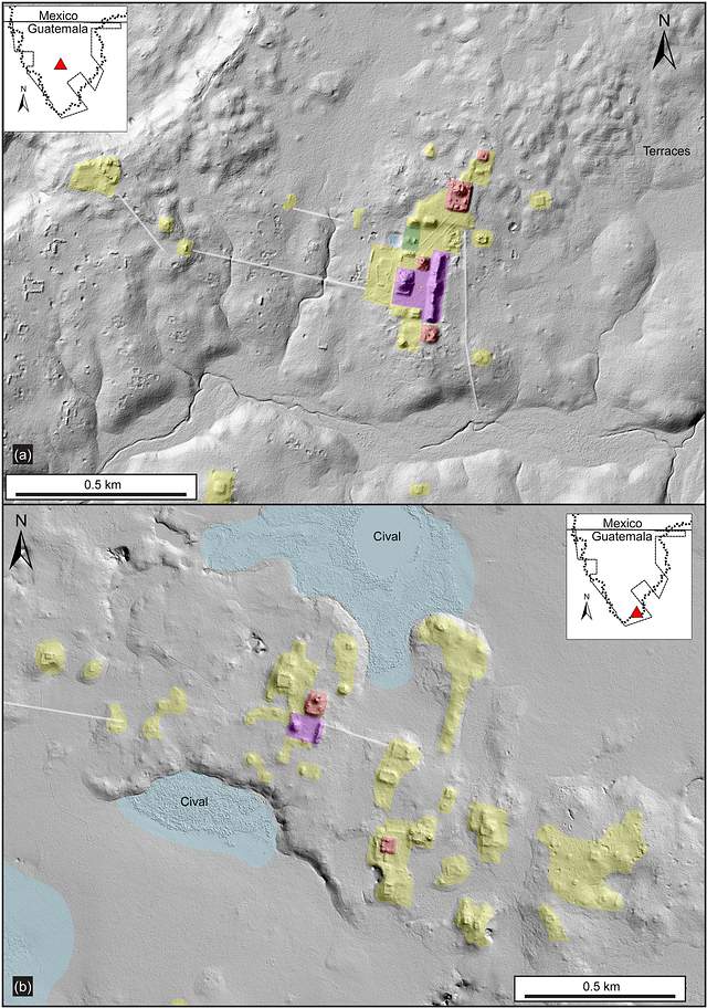 Imágenes LiDAR de sitios de nivel 3: (a) Wakna, con una superficie de 7.4 km2; y (b) El Pesquero, con una superficie de 7.7 km2 y al menos cinco estructuras que superan los 12 m de altura