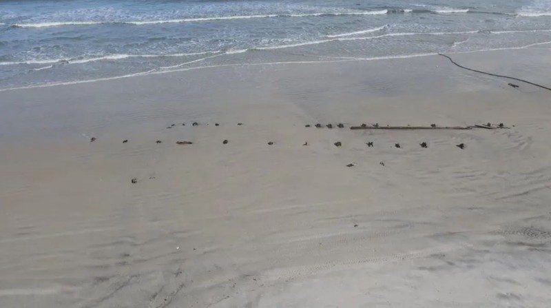 Se espera que los arqueólogos estatales examinen las largas filas de piezas de madera que sobresalen de la arena durante la marea baja y descubiertos el último lunes