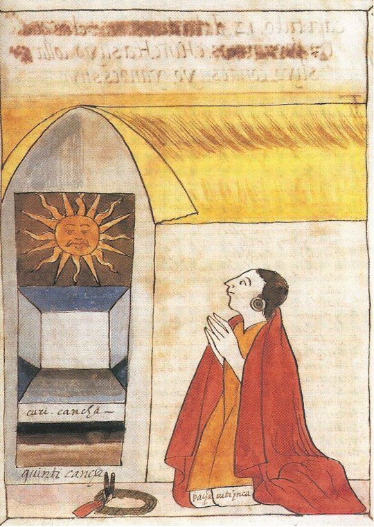 Grabado que ilustra al inca Pachacútec en el Koricancha, y que integra la obra del fraile mercedario Francisco de Murúa