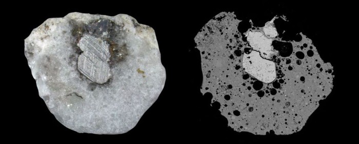 Una sección transversal de la fulgurita de Sandhills (izquierda) y una imagen de microscopía electrónica de barrido (derecha)