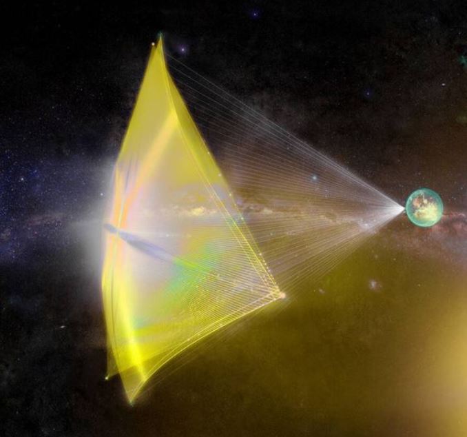 Representación artística de una nave espacial que puede alcanzar un 20% de la velocidad de la luz usando velas solares