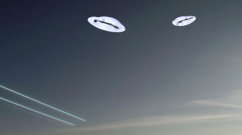 Representación artística de dos luces "bailando" en el cielo