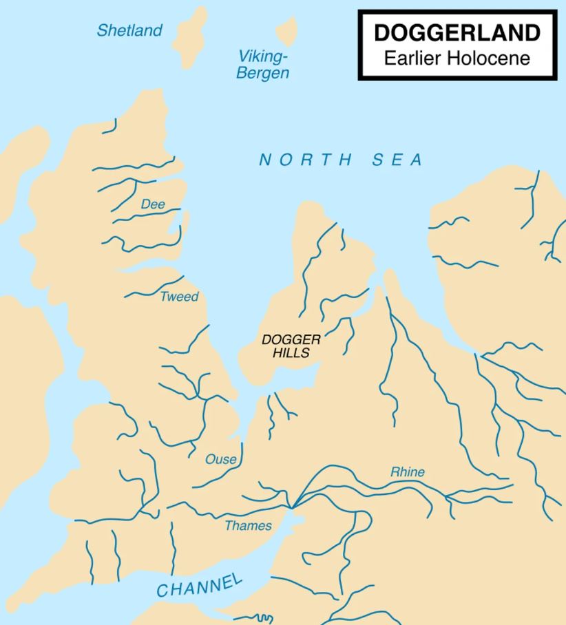 Mapa que muestra la extensión hipotética de Doggerland (c. 10.000 a. C.), que conectaba Gran Bretaña y Europa continental