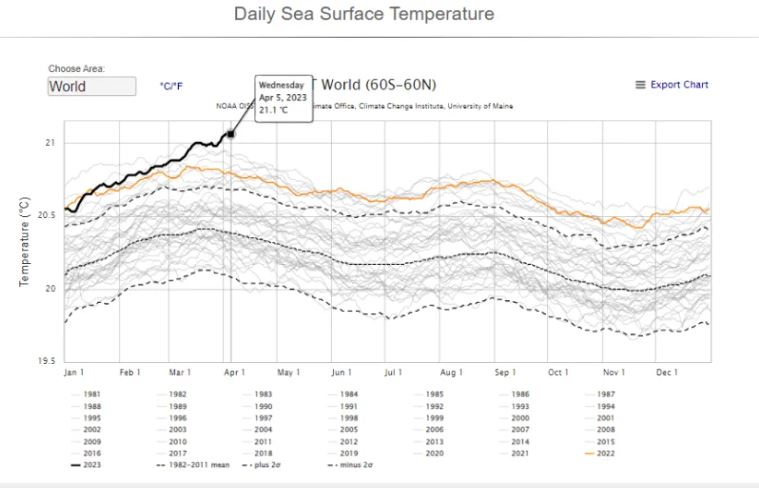 Registro que muestra la evolución de las anomalías globales de temperatura promedio en superficie del mar por años y meses: las de 2023 se muestran en color negro