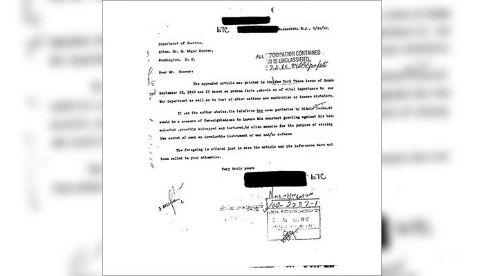 Documento de Nikola Tesla liberado por el FBI
