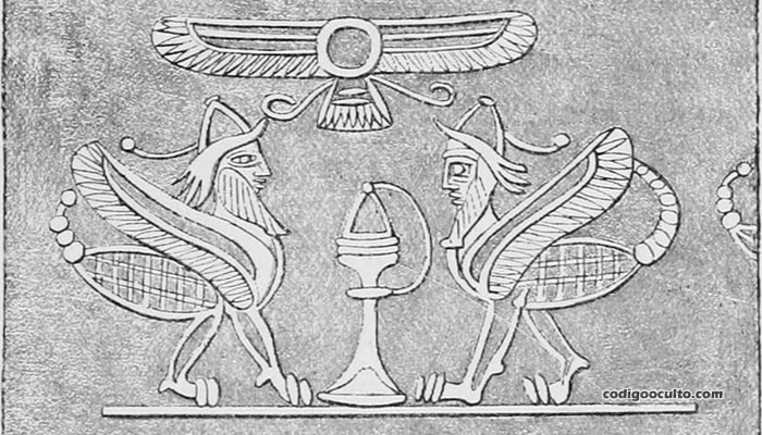 Dibujo de una calcografía asiria que muestra hombres-escorpión