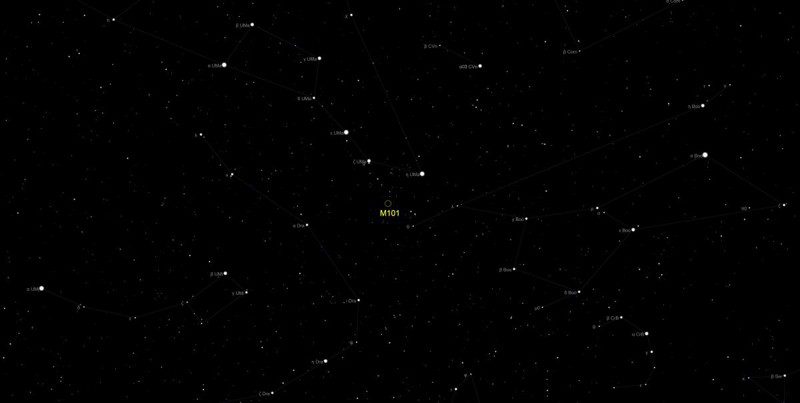 Una ilustración del cielo nocturno que muestra la ubicación de la galaxia M101 cerca de Ursa Major (UMa) y Bootes (Boo)