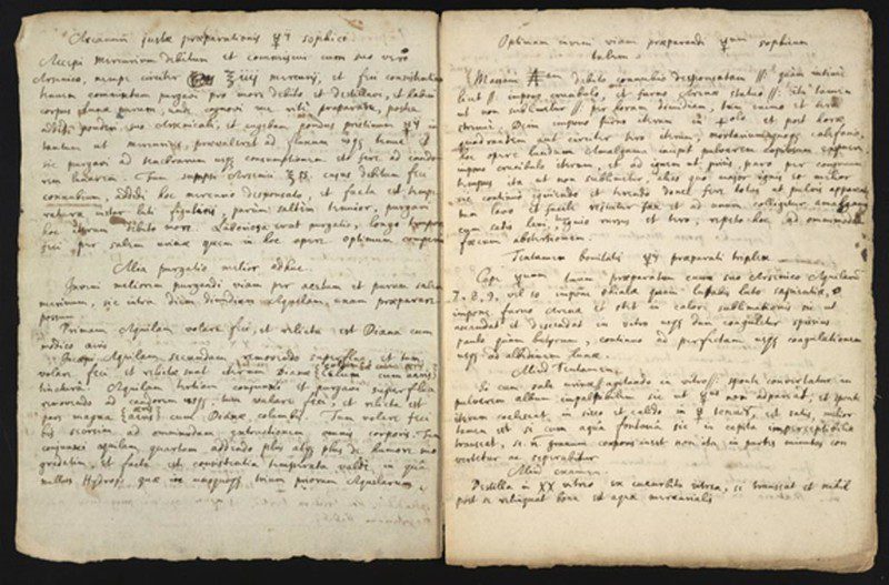Manuscrito del siglo XVII con texto copiado de los escritos de un alquimista norteamericano, así como descripciones de uno de los experimentos del propio Newton