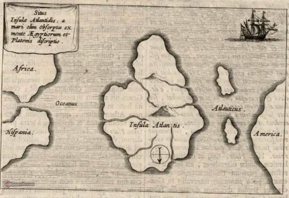 Mapa de la Atlántida de Thanasius Kircher. El mapa está orientado con el sur en la parte superior
