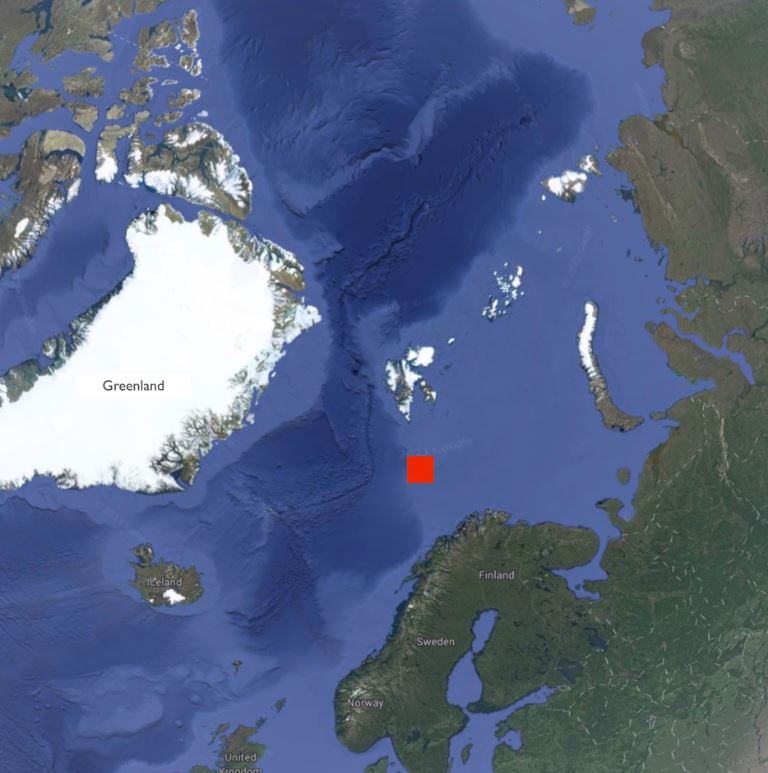 Mapa del lugar donde se descubrió el volcán al sur de Bjørnøya