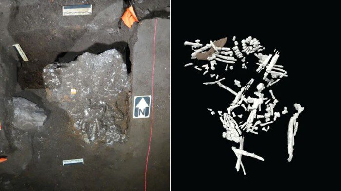 La Antecámara de la Colina de la cueva (izquierda) contiene los restos de al menos cuatro niños Homo naledi. Uno de ellos (derecha), representado mediante tomografía computarizada (TC), tenía aproximadamente 13 años en el momento de su muerte