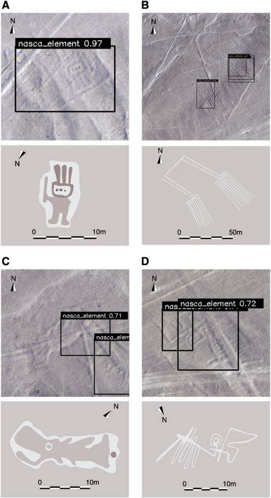 Cuatro nuevos geoglifos Nasca identificados mediante Deep Learning. (A) Un humanoide, tipo relieve. (B) Un par de piernas, tipo línea. (C) Un pez, tipo relieve. (D) Un pájaro, tipo línea