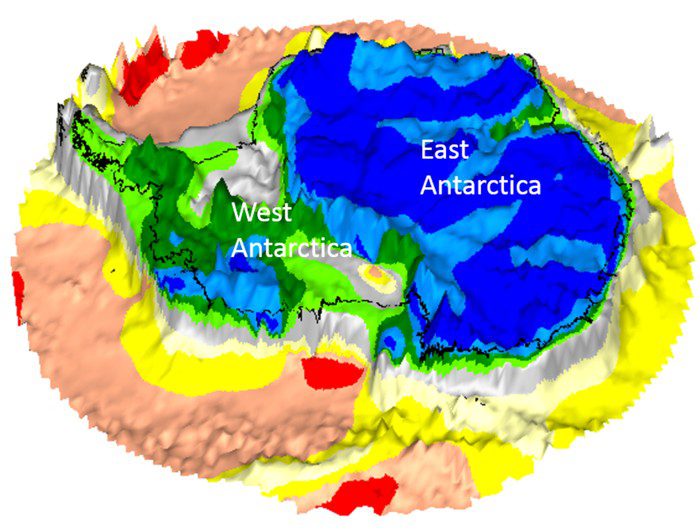 Mapa goce de la antártida sobre topografía rocosa.
