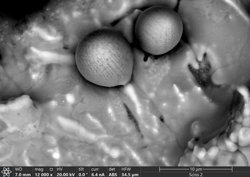 Una vista microscópicas de las esférulas. Se vio el interior de las esferas