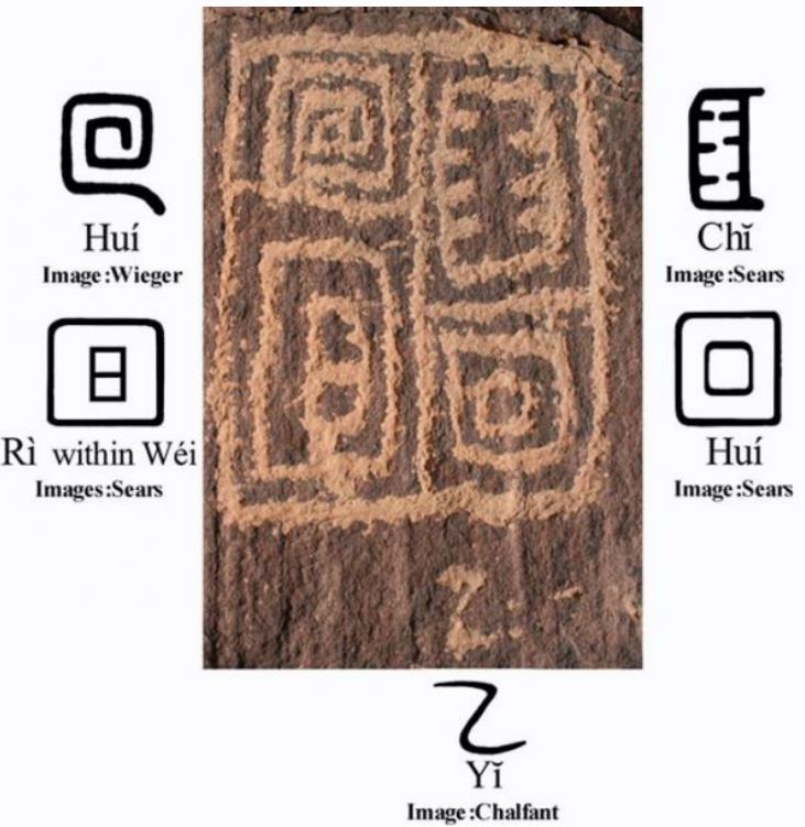 Parte de los petroglifos encontrados en un rancho privado en arizon. Dice: "declarando (para) volver, (el) viaje completado, (a) la casa del sol"