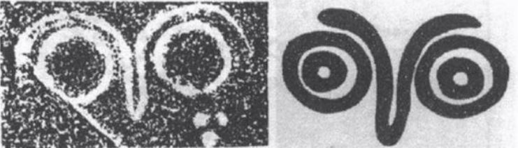 Izquierda: un petroglifo en lianyungang, china, como se muestra en el artículo de song de 1998. Derecha: un petroglifo en la columbia británica, canadá.