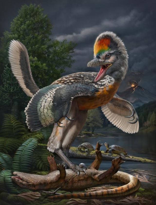 Representación artística del dinosaurio parecido a un pájaro de 150 millones de años