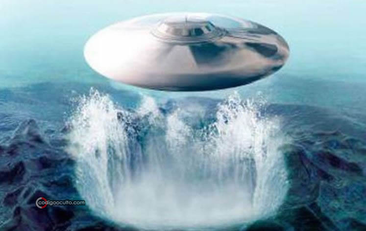 Representación de un objeto volador no identificado con capacidad de sumergirse en el océano.