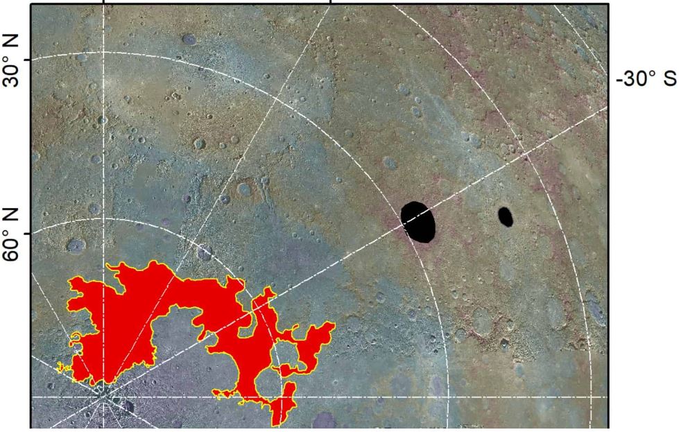 Una vista del terreno caótico del polo norte de Mercurio (Borealis Chaos) y los cráteres Raditladi y Eminescu donde se ha identificado evidencia de posibles glaciares