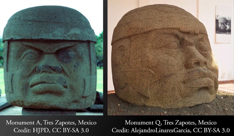 Las dos cabezas olmecas encontradas en Tres Zapotes, México. El Monumento A fue la primera cabeza olmeca nunca antes descubierta.