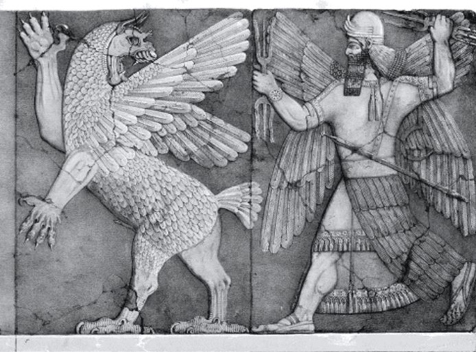 Un bajorrelieve, que se cree que representa a Marduk y Tiamat, del templo de Ninib en Nimrud