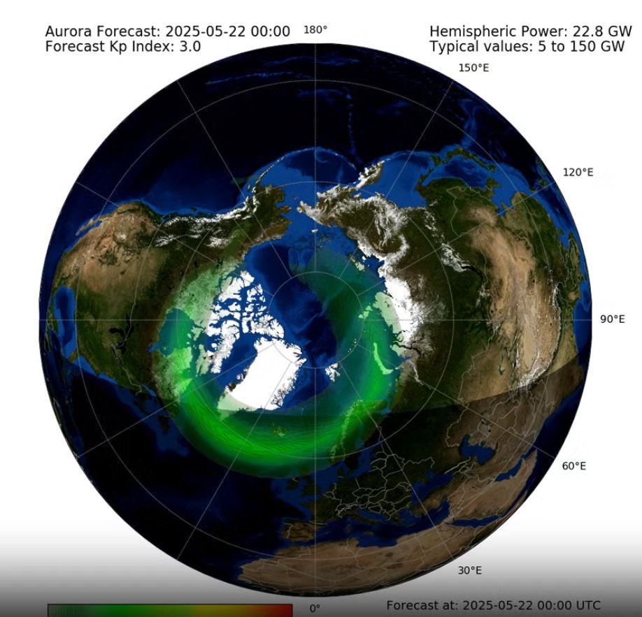 El pronóstico de auroras boreales de la Oficina Meteorológica Británica para el jueves 22 de mayo de 2025 muestra auroras boreales sobre el Reino Unido e Irlanda.