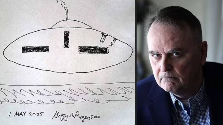 Gregory Rogers realizó este dibujo del platillo volador que presenció hace más de 30 años en un hangar estadounidense.