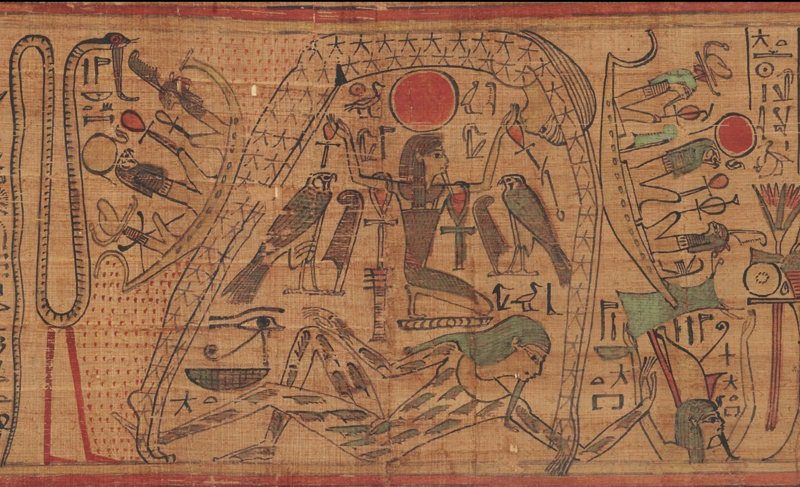 Nut, cubierta de estrellas, se arquea sobre el dios de la tierra Geb y es sostenida en alto por su padre, el dios de la atmósfera Shu. El sol naciente, llevado por Ra y de color amarillo, navega por las piernas de Nut, mientras que el sol poniente, de color rojo, navega por sus brazos extendidos hacia Osiris.