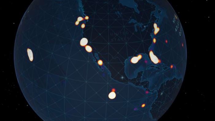 Este mapa de calor muestra la concentración de inmersiones profundas conocidas con observaciones visuales en las zonas económicas exclusivas de EE. UU.