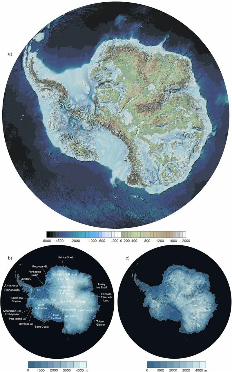 Mapa de la topografía (a) y la elevación de la superficie (b) de la Antártida, medida en metros sobre el nivel del mar; (c) muestra el espesor del hielo en metros.